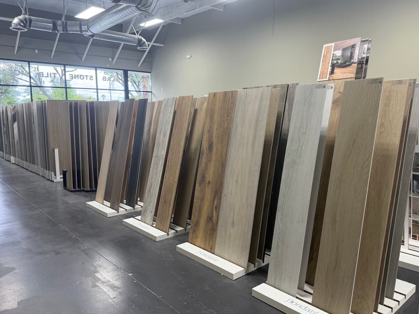Wood-look tile display in the showroom